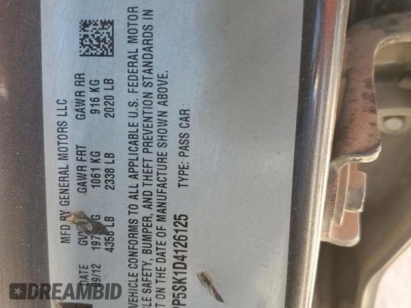 2013 Buick Verano with VIN 1G4PP5SK1D4126125, listed as a Copart auction lot 52476965 with 201,526 mi miles and Salvage title. Bid and sale history available at DreamBid. Image 12.