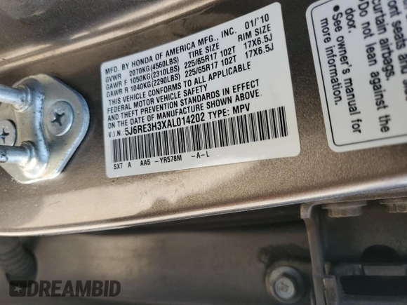 2010 Honda CR-V LX with VIN 5J6RE3H3XAL014202, listed as a Copart auction lot 62591285 with 166,706 mi miles and Salvage title. Bid and sale history available at DreamBid. Image 13.