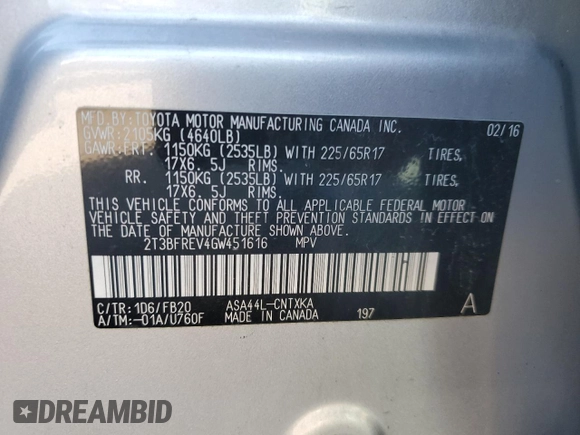 2016 Toyota RAV4 LE with VIN 2T3BFREV4GW451616, listed as a Copart auction lot 50143575 with 128,034 mi miles and Salvage Title. Bid and sale history available at DreamBid. Image 13.