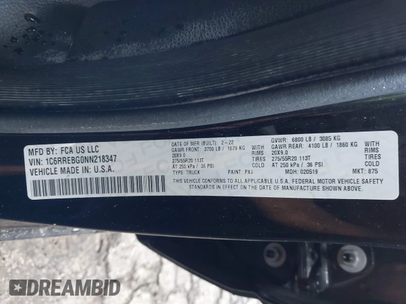 2022 Ram 1500 Big Horn with VIN 1C6RREBG0NN218347, listed as a IAAI auction lot 42498136 with 52,997 mi miles and . Bid and sale history available at DreamBid. Image 9.