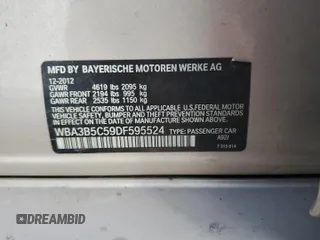 2013 BMW 3 Series 328i xDrive with VIN WBA3B5C59DF595524, listed as a Copart auction lot 60429175 with 111,990 mi miles and Salvage title. Bid and sale history available at DreamBid. Image 13.
