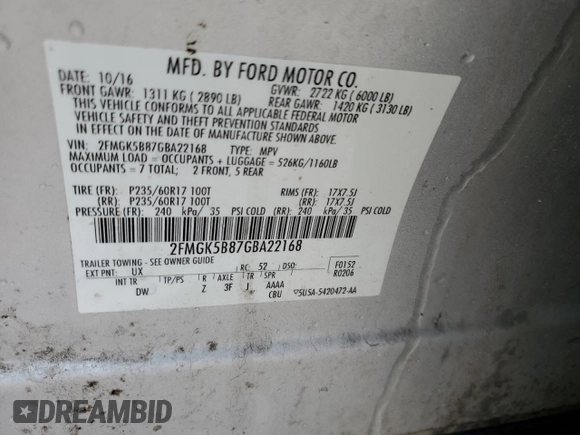 2016 Ford Flex SE z VIN 2FMGK5B87GBA22168, wystawiony jako Copart lot #55972695 z przebiegiem 137 452 mil mil oraz Szkoda całkowita • Salvage title. Historia ofert i sprzedaży dostępna na DreamBid. Obrazek 13.