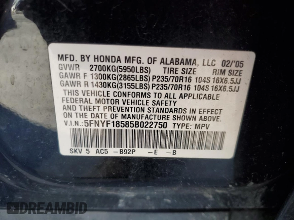 2005 Honda Pilot EX-L with VIN 5FNYF18585B022750, listed as a Copart auction lot 49798475 with 101,186 mi miles and Clean Title. Bid and sale history available at carsss.com. Image 13.