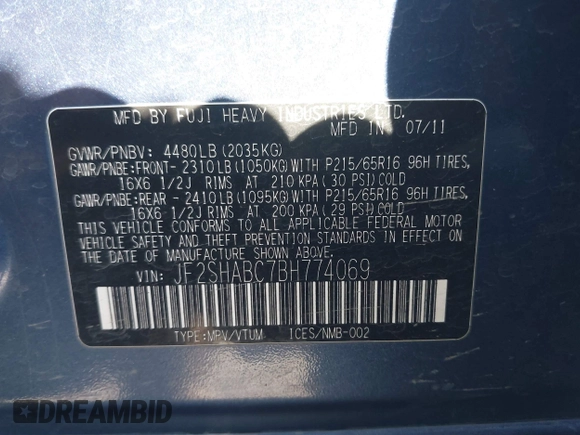 2011 Subaru Forester X z VIN JF2SHABC7BH774069, wystawiony jako IAAI lot #41742754 z przebiegiem 154 516 mil mil oraz . Historia ofert i sprzedaży dostępna na DreamBid. Obrazek 9.