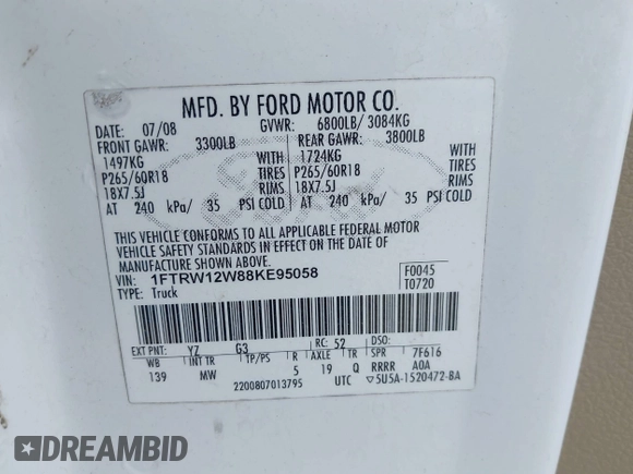 2008 Ford F-150 XL with VIN 1FTRW12W88KE95058, listed as a IAAI auction lot 42689625 with 307,795 mi miles and . Bid and sale history available at DreamBid. Image 9.