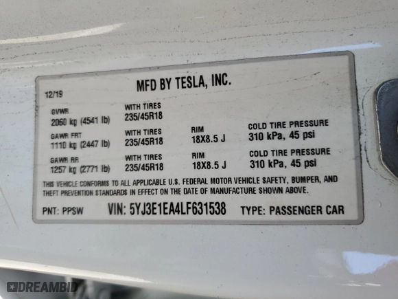 2020 Tesla Model 3 Standard Range Plus with VIN 5YJ3E1EA4LF631538, listed as a Copart auction lot 51926995 with 91,357 mi miles and Salvage Title. Bid and sale history available at carsss.com. Image 13.