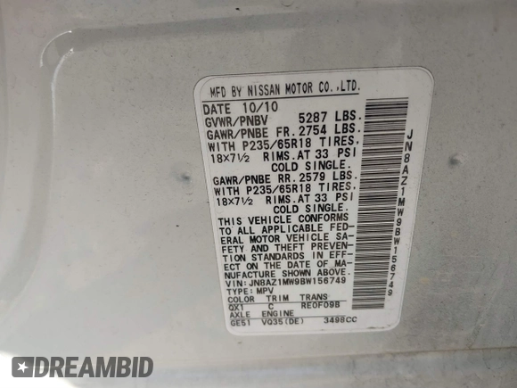 2011 Nissan Murano SV z VIN JN8AZ1MW9BW156749, wystawiony jako IAAI lot #41600144 z przebiegiem 113 094 mil mil oraz . Historia ofert i sprzedaży dostępna na DreamBid. Obrazek 9.