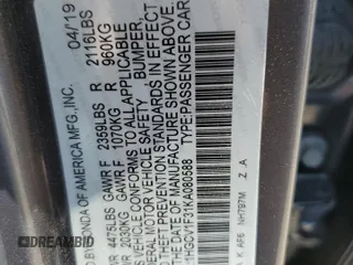 2019 Honda Accord Sport with VIN 1HGCV1F31KA080588, listed as a Copart auction lot 52053795 with 137,268 mi miles and Salvage Title. Bid and sale history available at DreamBid. Image 14.