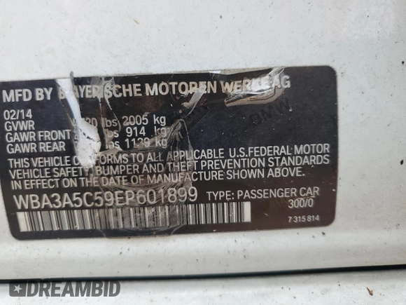 2014 BMW 3 Series 328i with VIN WBA3A5C59EP601899, listed as a Copart auction lot 61430675 with 205,396 mi miles and Salvage title. Bid and sale history available at DreamBid. Image 12.