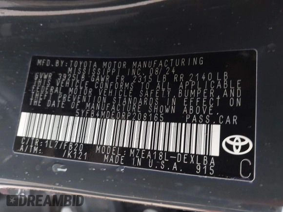 2024 Toyota Corolla LE with VIN 5YFB4MDE0RP208165, listed as a IAAI auction lot 41907873 with 14,872 mi miles and . Bid and sale history available at DreamBid. Image 9.