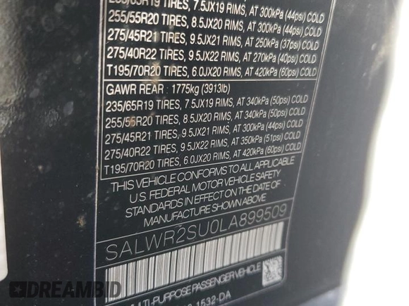 2020 Land Rover Range Rover Sport HSE with VIN SALWR2SU0LA899509, listed as a Copart auction lot 53535285 with 91,280 mi miles and Salvage title. Bid and sale history available at DreamBid. Image 15.