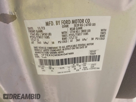 2013 Ford F-150 XL with VIN 1FTEX1CM3DKG47489, listed as a IAAI auction lot 42302778 with Not provided miles and . Bid and sale history available at DreamBid. Image 9.