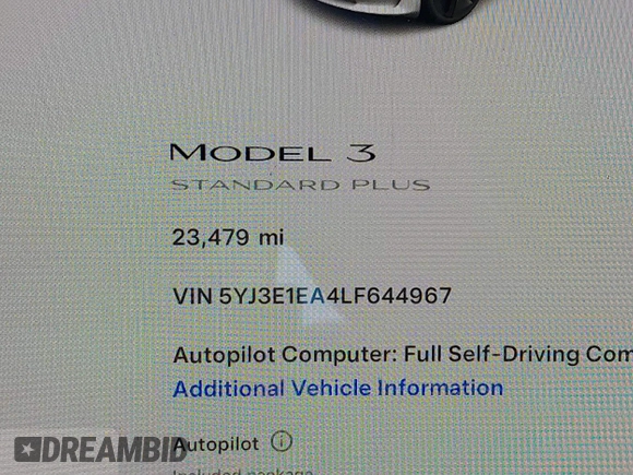 2020 Tesla Model 3 Standard Range Plus with VIN 5YJ3E1EA4LF644967, listed as a IAAI auction lot 41745984 with 23,479 mi miles and . Bid and sale history available at DreamBid. Image 16.