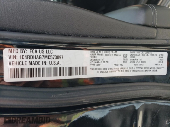 2021 Dodge Durango SXT Plus with VIN 1C4RDHAG7MC573097, listed as a Copart auction lot 48196515 with 48,874 mi miles and Clean Title. Bid and sale history available at DreamBid. Image 14.
