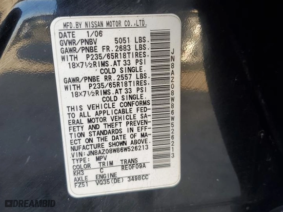 2006 Nissan Murano SL with VIN JN8AZ08W86W526213, listed as a Copart auction lot 85296834 with 202,884 mi miles and Salvage Title. Bid and sale history available at carsss.com. Image 15.