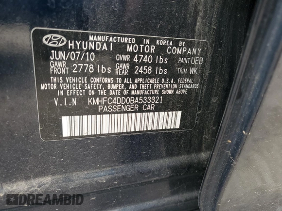 2011 Hyundai Azera GLS with VIN KMHFC4DD0BA533321, listed as a Copart auction lot 55965045 with 109,559 mi miles and Salvage title. Bid and sale history available at DreamBid. Image 12.