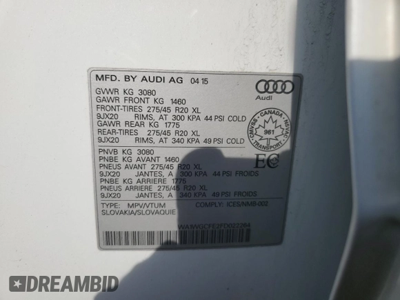 2015 Audi Q7 Vorsprung Edition with VIN WA1WGCFE2FD022264, listed as a Copart auction lot 52585555 with 151,348 mi miles and Clean title. Bid and sale history available at DreamBid. Image 13.