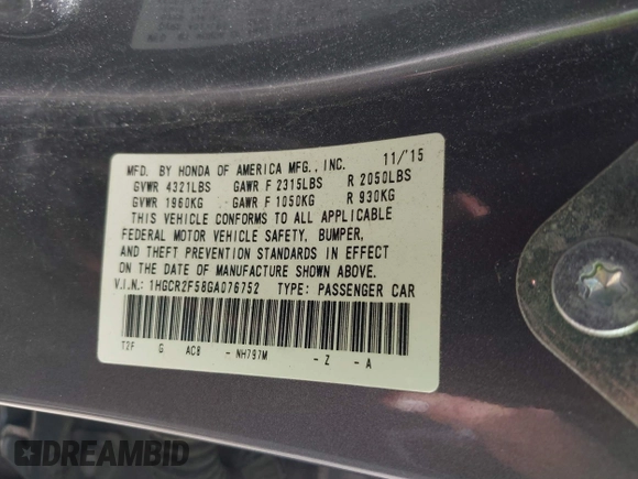 2016 Honda Accord Sport with VIN 1HGCR2F58GA076752, listed as a IAAI auction lot 42506589 with 146,474 mi miles and . Bid and sale history available at DreamBid. Image 9.