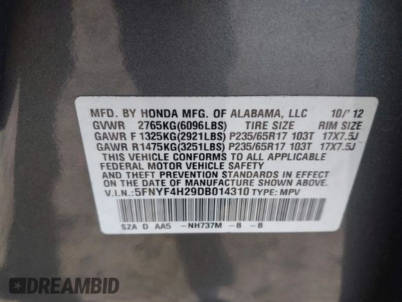 2013 Honda Pilot LX с VIN 5FNYF4H29DB014310, выставлен на аукционе IAAI как лот 41300485 с пробегом 162 376 миль миль и . История ставок и продаж доступна на DreamBid. Изображение 9.