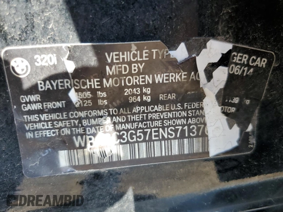 2014 BMW 3 Series 320i xDrive with VIN WBA3C3G57ENS71376, listed as a Copart auction lot 60874995 with Not provided miles and Salvage title. Bid and sale history available at DreamBid. Image 12.