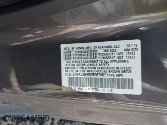 2012 Honda Odyssey EX-L with VIN 5FNRL5H69CB067867, listed as a IAAI auction lot 42225228 with Not provided miles and . Bid and sale history available at DreamBid. Image 9.