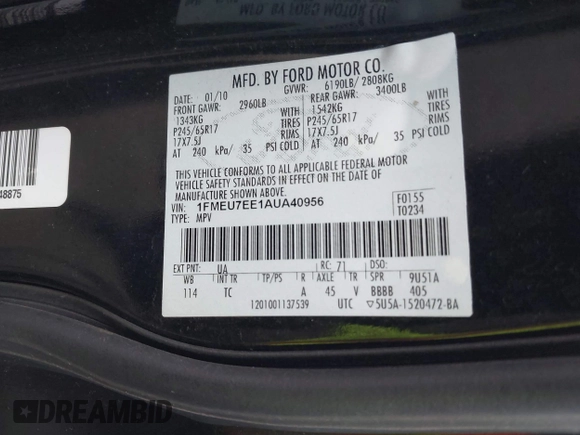 2010 Ford Explorer Eddie Bauer z VIN 1FMEU7EE1AUA40956, wystawiony jako IAAI lot #41353217 z przebiegiem 114 209 mil mil oraz . Historia ofert i sprzedaży dostępna na DreamBid. Obrazek 9.
