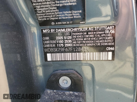 2007 Mercedes-Benz SL with VIN WDBSK79F67F128431, listed as a Copart auction lot 75597584 with Not provided miles and Non repairable. Bid and sale history available at DreamBid. Image 13.