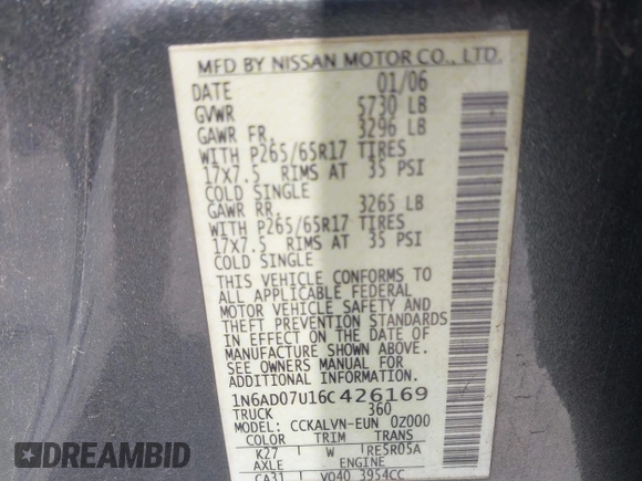 2006 Nissan Frontier SE with VIN 1N6AD07U16C426169, listed as a IAAI auction lot 42524745 with 137,886 mi miles and . Bid and sale history available at DreamBid. Image 9.