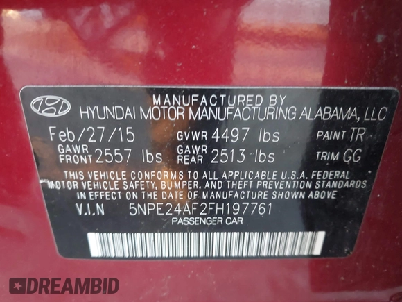 2015 Hyundai Sonata 2.4L SE with VIN 5NPE24AF2FH197761, listed as a IAAI auction lot 41088510 with 102,785 mi miles. Bid and sale history available at carsss.com. Image 9.