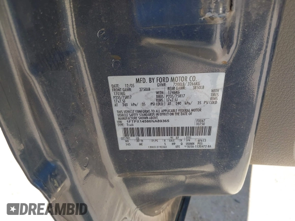 2006 Ford F-150 XLT с VIN 1FTPX14586NA89365, выставлен на аукционе IAAI как лот 42610146 с пробегом 156 605 миль миль и . История ставок и продаж доступна на DreamBid. Изображение 9.