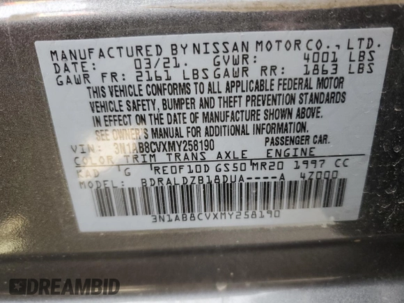 2021 Nissan Sentra SV with VIN 3N1AB8CVXMY258190, listed as a Copart auction lot 50016025 with 40,619 mi miles and Salvage Title. Bid and sale history available at DreamBid. Image 14.