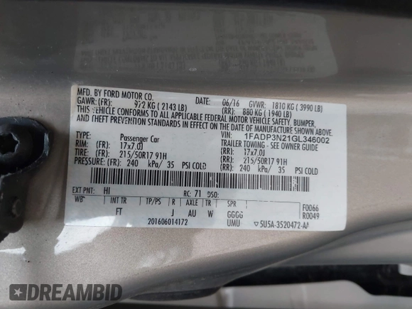 2016 Ford Focus Titanium with VIN 1FADP3N21GL346002, listed as a IAAI auction lot 39229347 with 114,683 mi miles and . Bid and sale history available at DreamBid. Image 9.