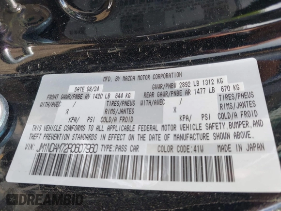 2024 Mazda MX-5 Miata Grand Touring z VIN JM1NDAM72R0607960, wystawiony jako IAAI lot #42380377 z przebiegiem Nie podano mil oraz . Historia ofert i sprzedaży dostępna na DreamBid. Obrazek 9.