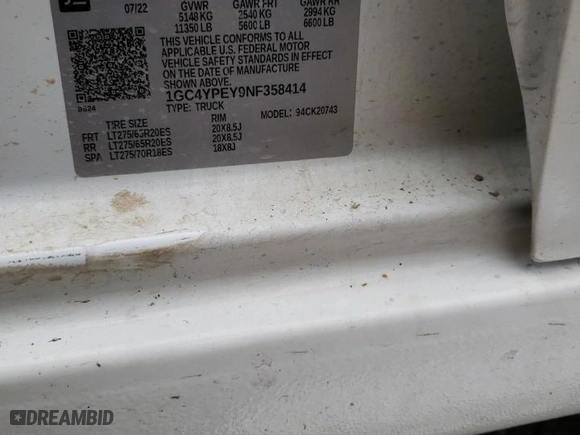 2022 Chevrolet Silverado 2500HD LTZ with VIN 1GC4YPEY9NF358414, listed as a Copart auction lot 39941064 with 0 mi miles and Salvage Title. Bid and sale history available at carsss.com. Image 12.