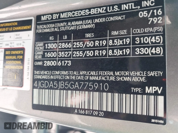 2016 Mercedes-Benz GLE 350 с VIN 4JGDA5JB5GA775910, выставлен на аукционе IAAI как лот 41762737 с пробегом 165 933 миль миль и . История ставок и продаж доступна на DreamBid. Изображение 9.