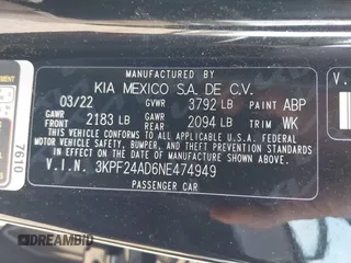 2022 Kia Forte LXS z VIN 3KPF24AD6NE474949, wystawiony jako IAAI lot #42091578 z przebiegiem 26 064 mil mil oraz . Historia ofert i sprzedaży dostępna na DreamBid. Obrazek 9.