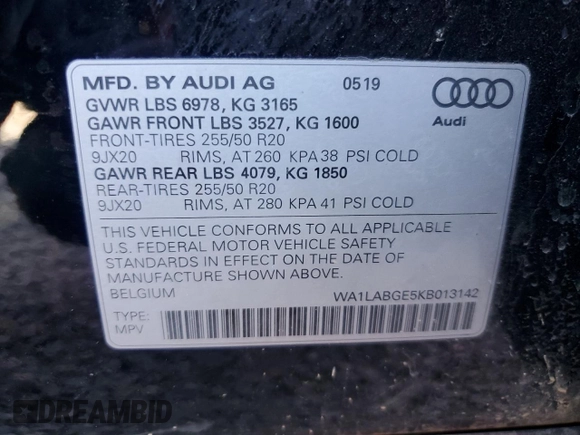 2019 Audi e-tron Premium Plus with VIN WA1LABGE5KB013142, listed as a Copart auction lot 52452085 with 91,042 mi miles and Salvage title. Bid and sale history available at DreamBid. Image 13.