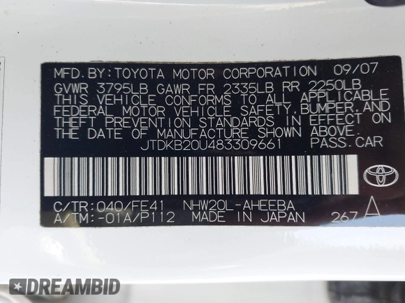 2008 Toyota Prius with VIN JTDKB20U483309661, listed as a IAAI auction lot 42064664 with Not Provided miles and . Bid and sale history available at DreamBid. Image 9.
