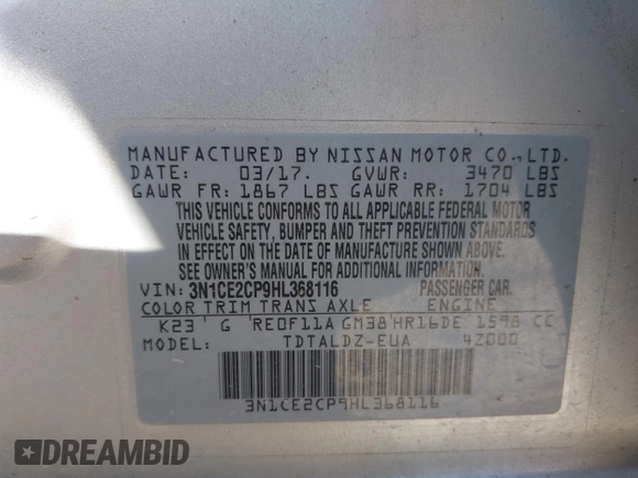 2017 Nissan Note SR with VIN 3N1CE2CP9HL368116, listed as a IAAI auction lot 42099752 with 91,714 mi miles and . Bid and sale history available at DreamBid. Image 9.