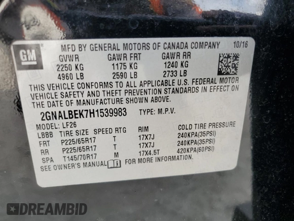 2017 Chevrolet Equinox LS with VIN 2GNALBEK7H1539983, listed as a Copart auction lot 52690295 with 158,235 mi miles and Salvage Title. Bid and sale history available at carsss.com. Image 12.
