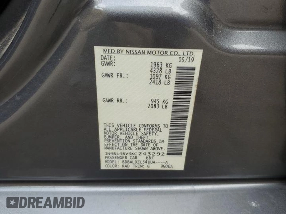 2019 Nissan Altima S z VIN 1N4BL4BV3KC243292, wystawiony jako Copart lot #54617555 z przebiegiem 73 548 mil mil oraz Szkoda całkowita • Salvage title. Historia ofert i sprzedaży dostępna na DreamBid. Obrazek 12.