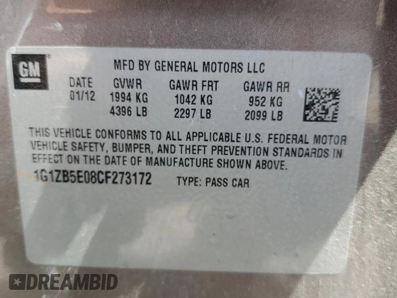 2012 Chevrolet Malibu 1LS with VIN 1G1ZB5E08CF273172, listed as a Copart auction lot 47735255 with 176,488 mi miles and Salvage Title. Bid and sale history available at DreamBid. Image 12.