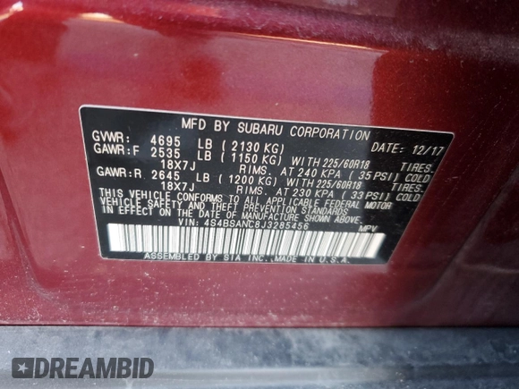 2018 Subaru Outback Limited с VIN 4S4BSANC8J3285456, выставлен на аукционе Copart как лот 41481155 с пробегом Не указан миль и Списание • Salvage title. История ставок и продаж доступна на DreamBid. Изображение 13.