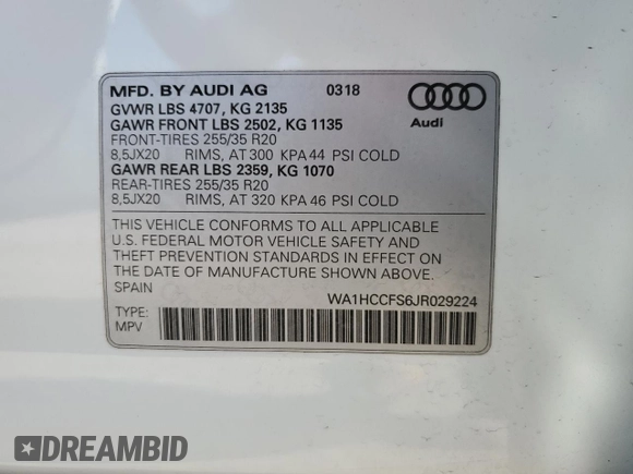 2018 Audi Q3 Premium Plus with VIN WA1HCCFS6JR029224, listed as a Copart auction lot 50457203 with 59,217 mi miles. Bid and sale history available at carsss.com. Image 13.