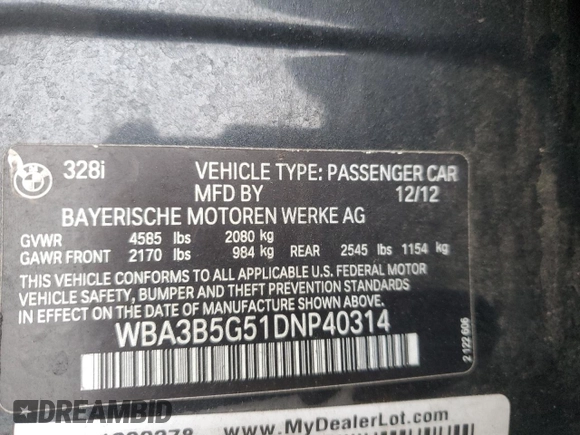 2013 BMW 3 Series 328i xDrive with VIN WBA3B5G51DNP40314, listed as a Copart auction lot 51348295 with 123,981 mi miles and Clean Title. Bid and sale history available at carsss.com. Image 12.