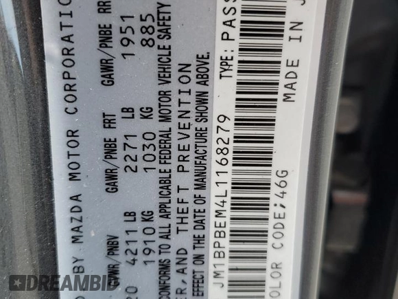2020 Mazda 3 Premium with VIN JM1BPBEM4L1168279, listed as a Copart auction lot 79523734 with 44,783 mi miles and Non Repairable. Bid and sale history available at DreamBid. Image 12.