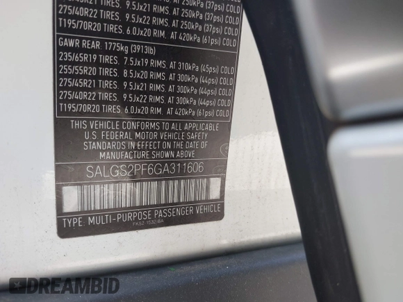 2016 Land Rover Range Rover HSE with VIN SALGS2PF6GA311606, listed as a IAAI auction lot 42802630 with 60,988 mi miles and . Bid and sale history available at DreamBid. Image 9.