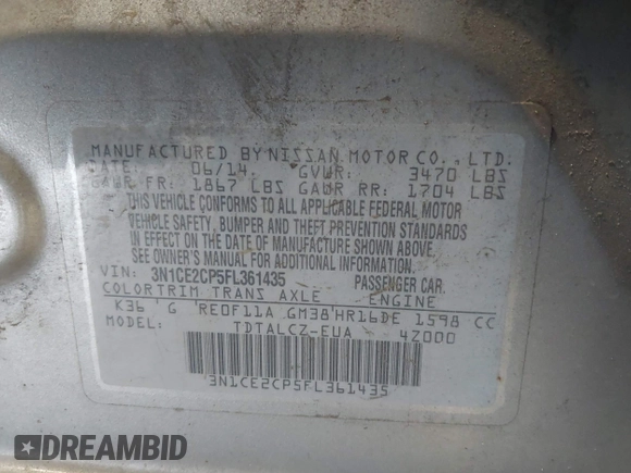 2015 Nissan Note S Plus with VIN 3N1CE2CP5FL361435, listed as a IAAI auction lot 41982071 with 223,855 mi miles and . Bid and sale history available at DreamBid. Image 9.