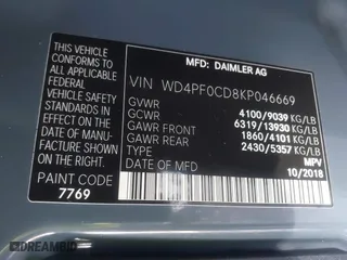 2019 Mercedes-Benz Sprinter Cargo Van with VIN WD4PF0CD8KP046669, listed as a IAAI auction lot 41575733 with 140,492 mi miles. Bid and sale history available at carsss.com. Image 9.