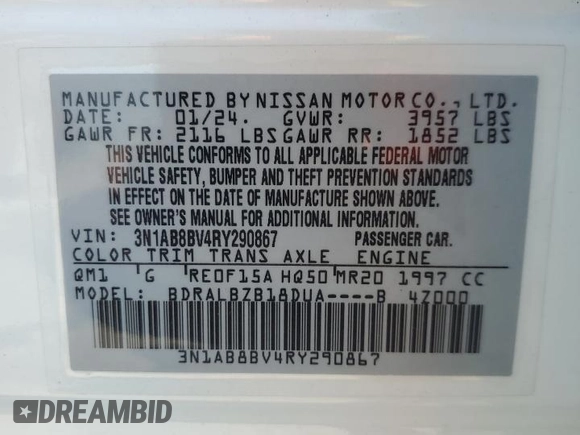 2024 Nissan Sentra S with VIN 3N1AB8BV4RY290867, listed as a Copart auction lot 59230865 with 61,564 mi miles and Salvage title. Bid and sale history available at DreamBid. Image 12.
